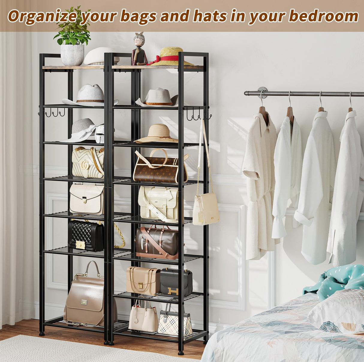 Simple Trending 8 Tiers Shoe Rack 16 Pairs Tall Wooden Plank Shoe Shelf with Hooks for Closet Entryway Organizer Sturdy Free Standing Shoe Storage Cabinet，Black Simple Trending