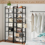 Simple Trending 8 Tiers Shoe Rack 16 Pairs Tall Wooden Plank Shoe Shelf with Hooks for Closet Entryway Organizer Sturdy Free Standing Shoe Storage Cabinet，Black Simple Trending