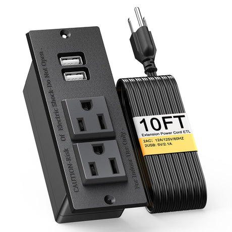 Kungfuking Recessed Power Strip Conference Recessed Outlet Desktop Power Grommet Furniture Flush Mount Desk Outlet Power Socket 2-Socket & 2-USB Ports 10 FT Extension Power Cord, ETL Listed Kungfuking