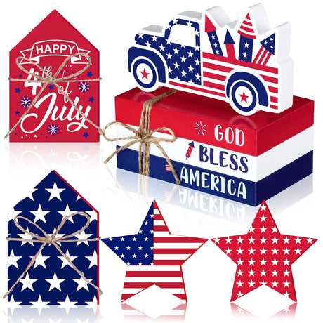 Sivak 6 Pcs 4th of July Tiered Tray Decor Patriotic Memorial Day Table Decoration Wooden Faux Books Bundle Star USA Truck Sign Farmhouse Rustic Block Accessories for Home Office Mantle Sivak