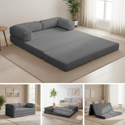 NLDD Convertible Sofa Bed Queen,5-in-1 Folding Boneless Couch Corduroy Futon Sofa Bed,Tri-Fold Mattress with Removable Armrests & Handle,Sleeper with Pull Out Bed for Small Space Living Room Bedroom