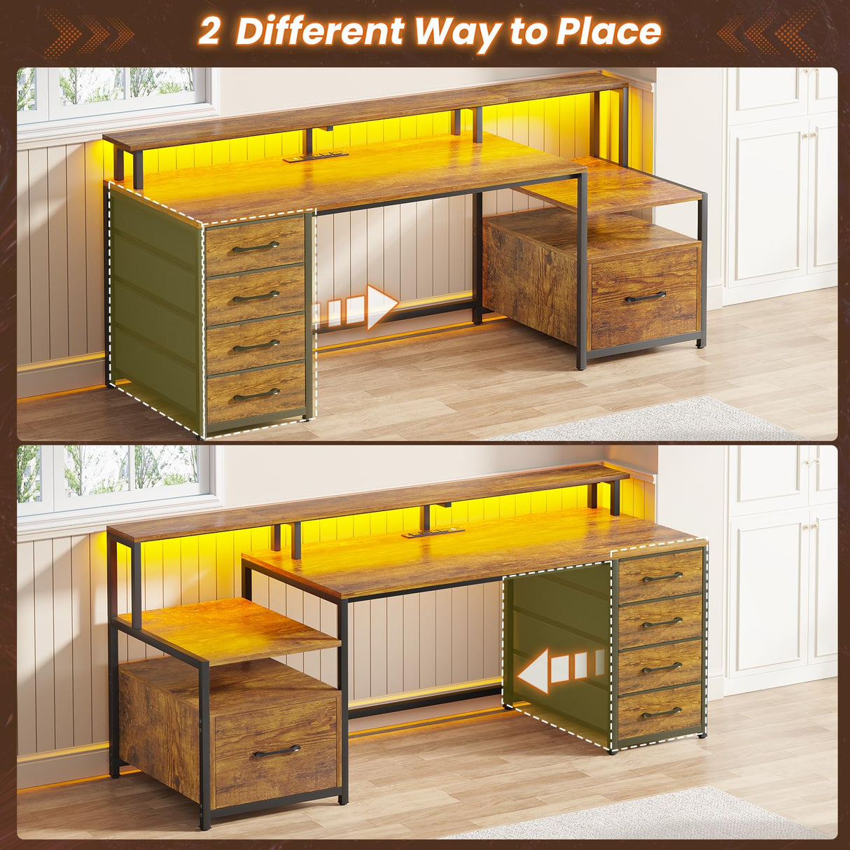 SEDETA Home Office Desk with File Drawer & Power Outlet, 66'' Computer Desk with 5 Drawer, Storage Shelves, Printer Cabinet and Monitor Shelf, Gaming Desk with Led Lights, Rustic Brown SEDETA