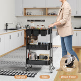 3 Tier Black Metal Rolling Cart with Lockable Wheels & Hanging Cups, Utility Storage Organizer for Bathroom, Kitchen, Laundry, Garage, Craft, Baby Diaper, Snack and Book, Easy Assembly Recximi