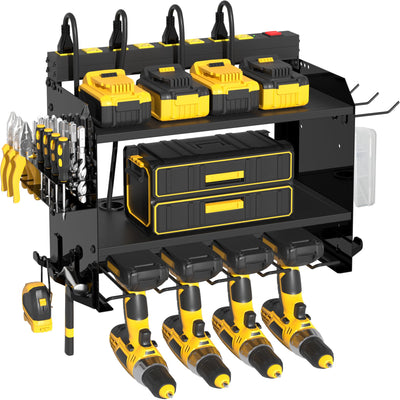 CFMASTER Heavy Duty Wall-Mounted Tool Organizer&Power Charging Station,Modular Garage Storage System with Cordless Drill Holder, Battery Racks,Shelves,Workshop Organizers with Electric Cord Management