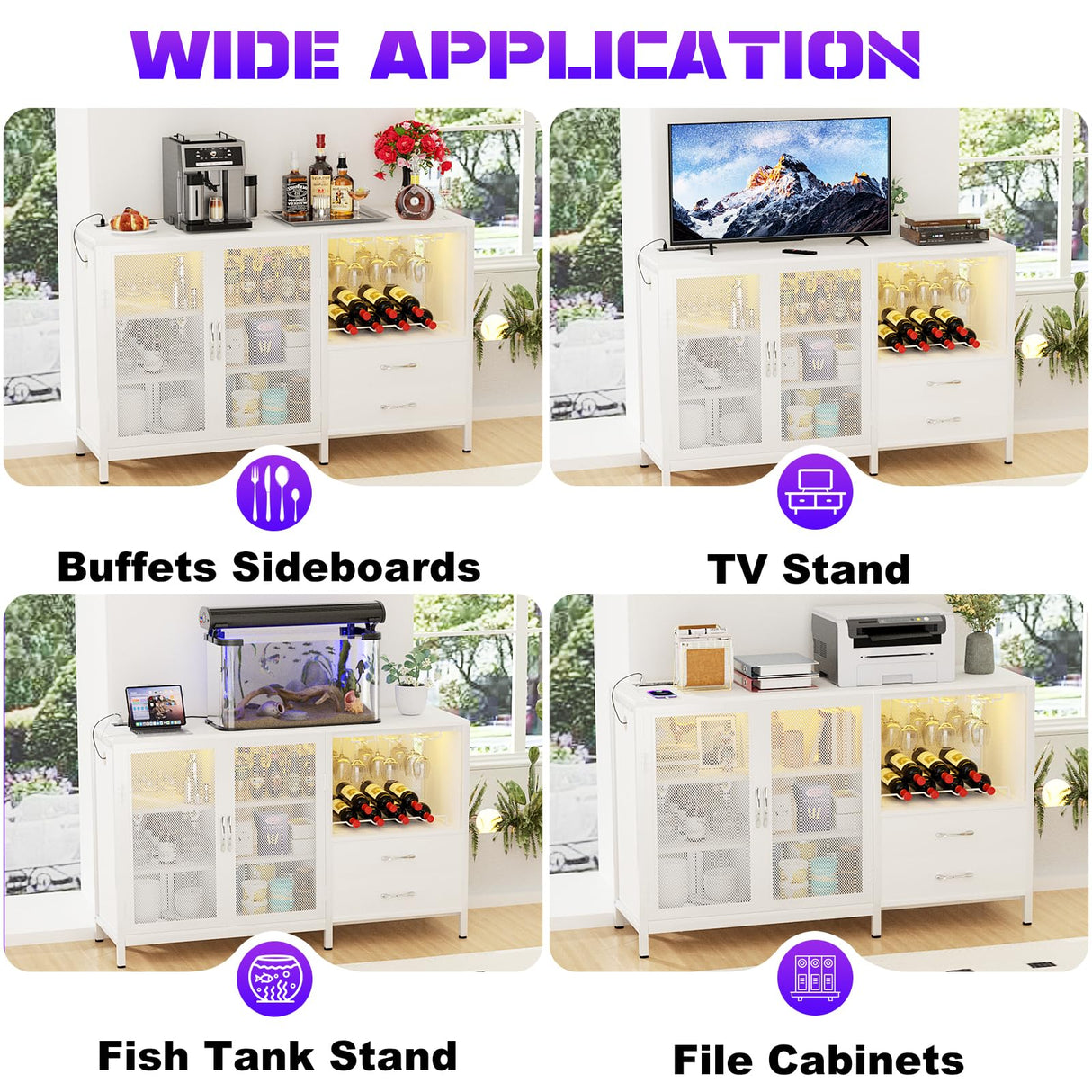 Cyclysio Multifunctional Wine Bar Cabinet with Charging Station, LED Lights and Ample Storage in White Cyclysio