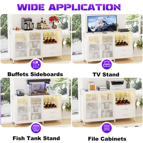 Cyclysio Multifunctional Wine Bar Cabinet with Charging Station, LED Lights and Ample Storage in White Cyclysio
