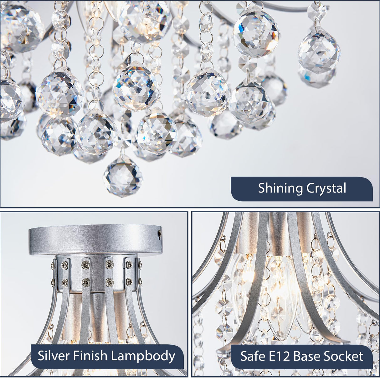 Bestier Modern Silver Crystal Semi-Flush Mount Chandelier Lighting Ceiling Light Fixture Lamp for Diningroom Bathroom Bedroom Livingroom 3 E12 Bulbs Required D13.5 inch X H11.6 inch Bestier