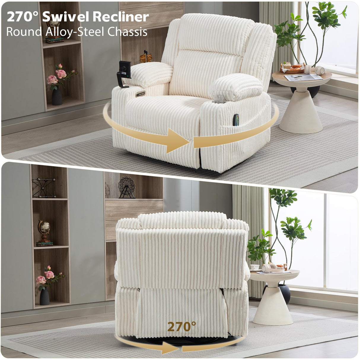 SINCRUMI Power Oversized Swivel Rocker Recliner with Dual Motor Adjustable Headrest for Adults, Glider Rocking Chair with Vibration and Heat, USB A&C Ports, Armrest Storage, Cup Holder, Cream White SINCRUMI