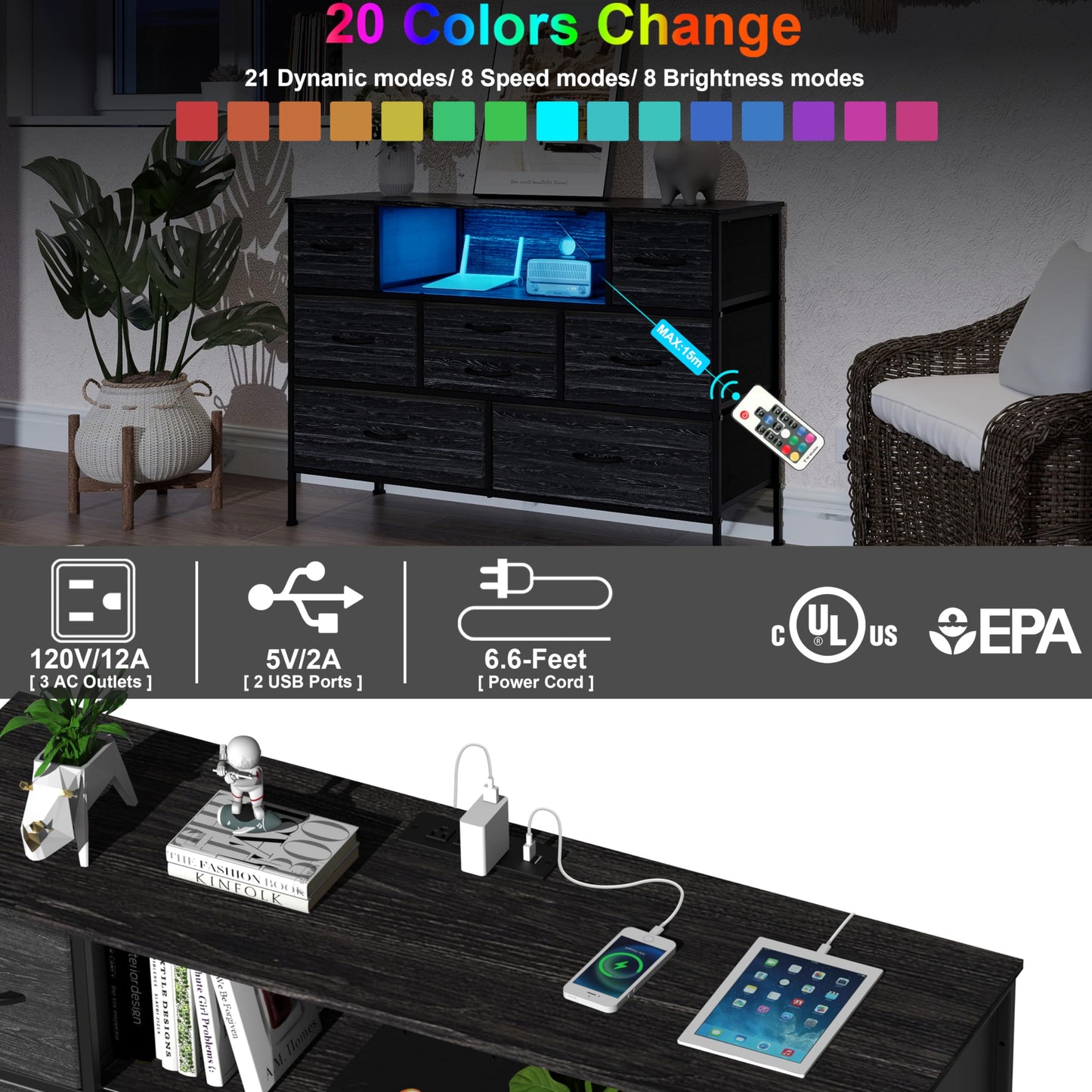 Simoretus Wide Dresser with Charging Station and LED Light for Bedroom 8 Fabric Drawers Chest of Drawers with Power Outlet Storage Open Shelf for Living Room TV Stand Closet Hallway (Charcoal - WoodArtSupply