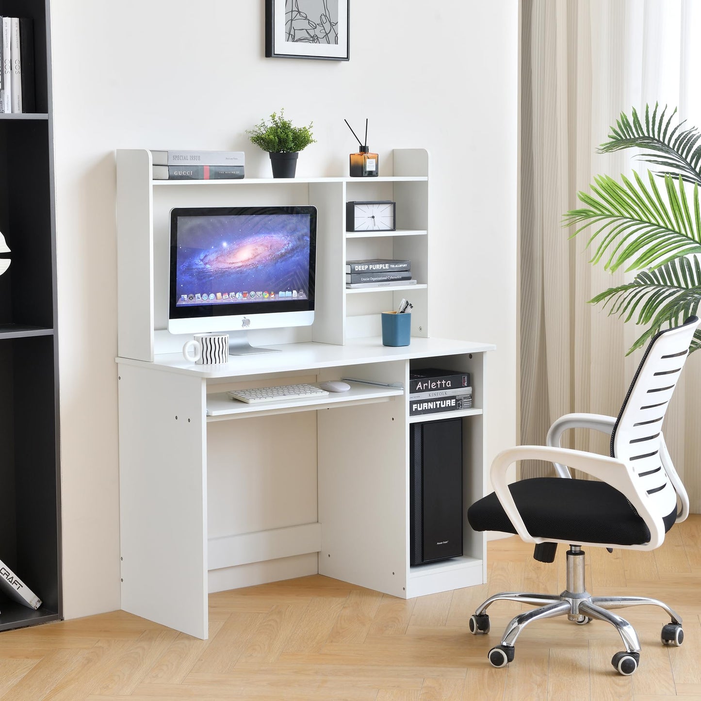 ROCKPOINT Axess White Desk with Hutch and Keyboard Tray for Home Office and Student Study - WoodArtSupply