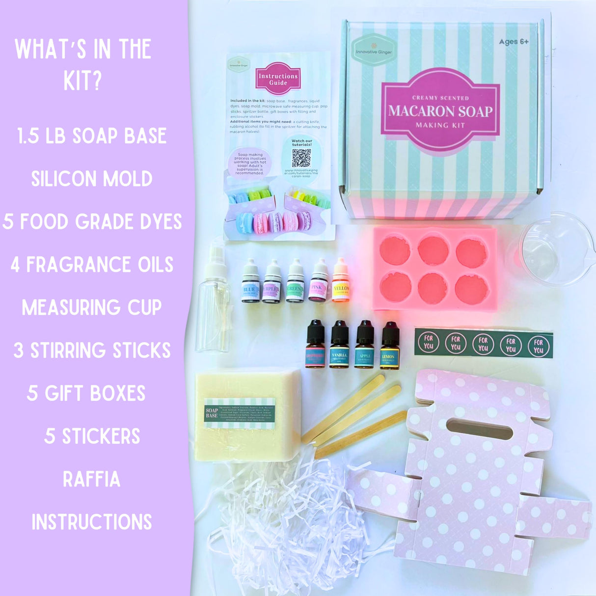 Innovative Ginger DIY Macaron Soap Making Craft Kit for Kids, Teens, and Adults - Fun, Easy, Creative - Large Soap - Perfect Birthday & Holiday Gift - Unique, Mess-Free, All-in-One Kit (Macaron) Innovative Ginger