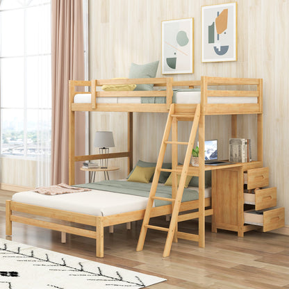 Twin Over Full Bunk Bed with Desk and 3 Storage Drawers, Convertible Into a Twin Size Loft Bed & Full Size Platform Bed, Wood L-Shaped Bunk Beds for Kids, Teens, Adults, Natural