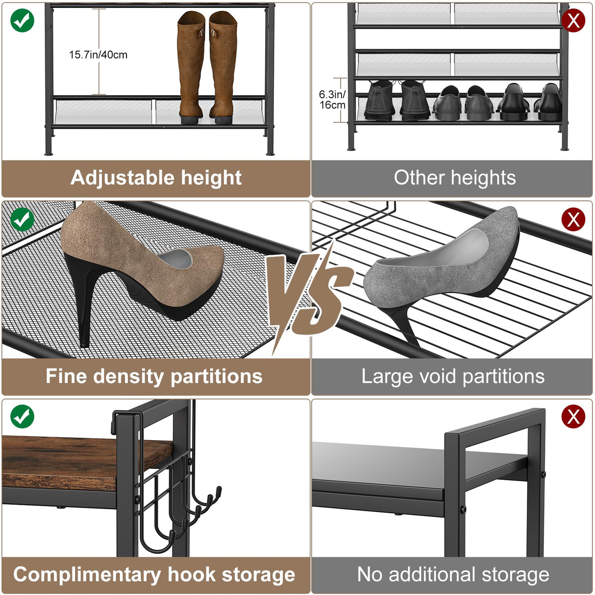 Refrze Shoe Rack for Front Door Entrance, 4 Tier Height-Adjustable Metal Shoe Rack, Sturdy Wooden Top and Tiltable Steel Frame Heavy Duty Shoe Organizer for Bathroom,Bedroom,Kitchen，Include Hook Refrze