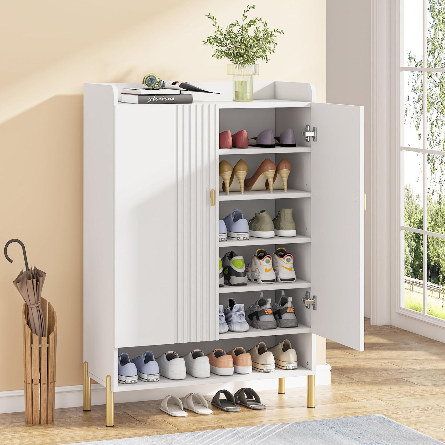 Tribesigns Shoe Cabinet Storage Entryway: Slim 6-Tier Shoe Organizer Cabinet with Adjustable Shelves, Freestanding Wood Shoe Rack with Doors for Entryway, Hallway, Living Room - White - WoodArtSupply