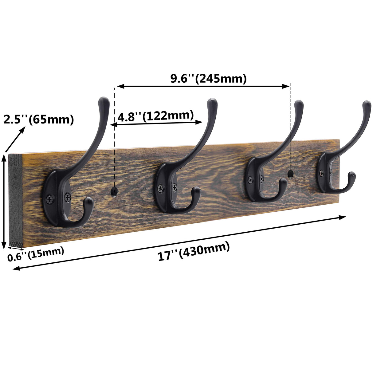 IBosins Wall Mounted Coat Rack, Entryway Hanging , Metal Wood Rack with 4 Black Literary Rustic Hooks Rail for Scarf, Bag, Towel, Key, Cap, Cup, Hat (Brown) IBosins