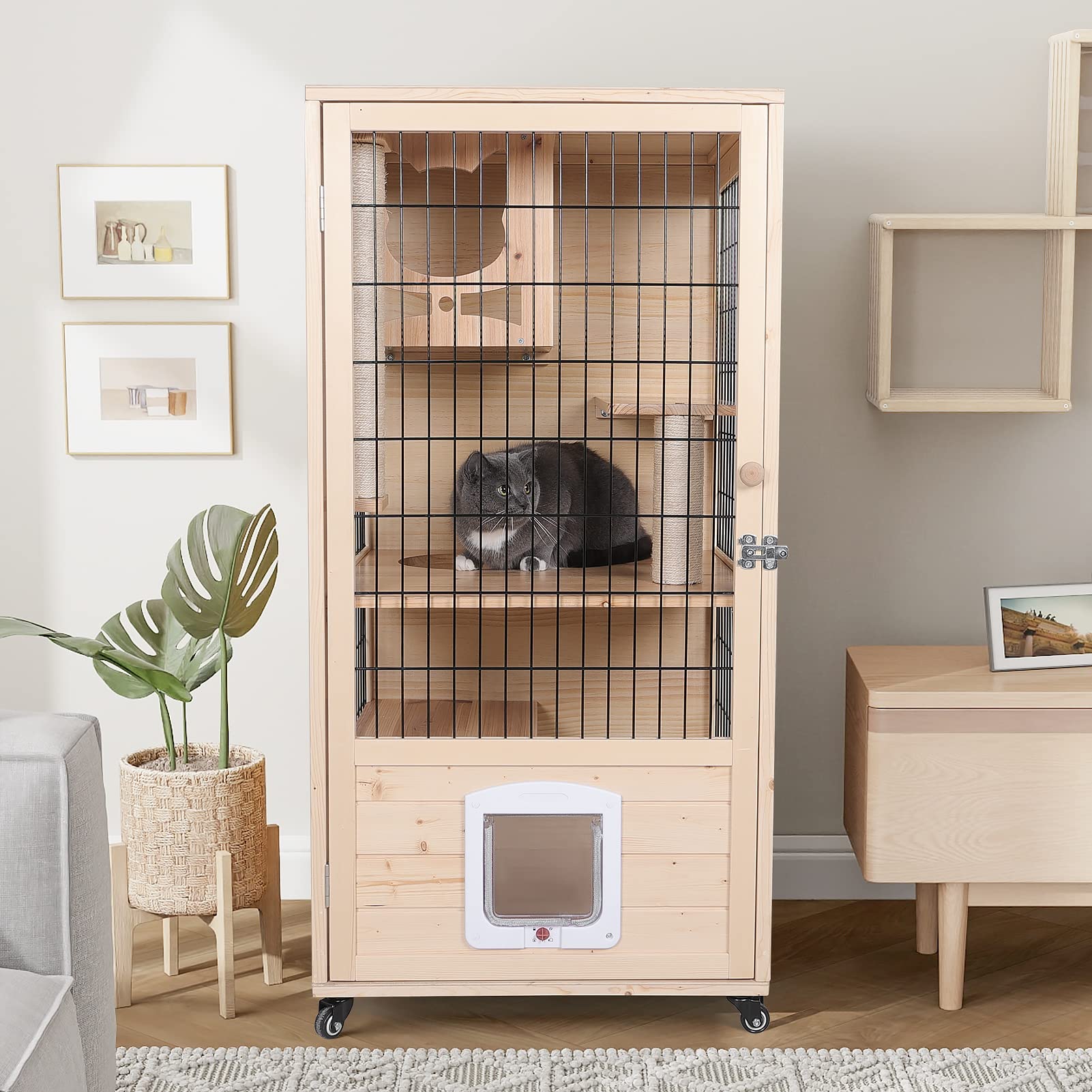 PANTAZO Wooden Cat House Large Space Cat Cage with Scratching Post and Lockable Wheels Double Layer Cat House with Escape Door Outdoor/Indoor (Medium) - WoodArtSupply