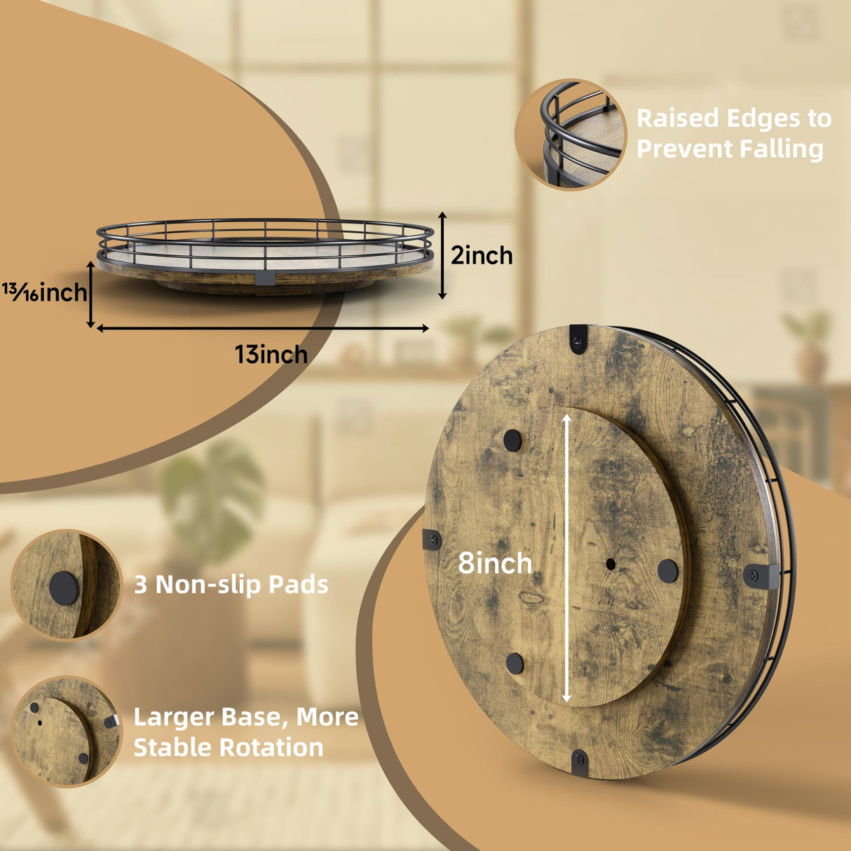 Lazy Susan Turntable Organizer for Table Top, 13’’ Round Wooden Lazy Susan for Cabinet Kitchen Countertop Pantry Dining Coffee Table for Condiments Spices, Rustic Bathroom Vanity Tray for Soap Candle HGF