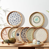 Round Rattan Tray with Mother of Pearl Inlay, Rattan Serving Tray with Wooden Base, Decorative Wicker Basket for Table Decor, Storage and Display of Coffee Bread Food Fruit (Leaf) Kmelep