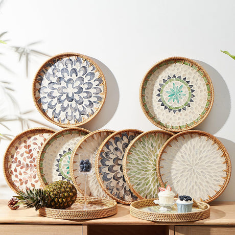 Round Rattan Tray with Mother of Pearl Inlay, Rattan Serving Tray with Wooden Base, Decorative Wicker Basket for Table Decor, Storage and Display of Coffee Bread Food Fruit (Leaf) Kmelep