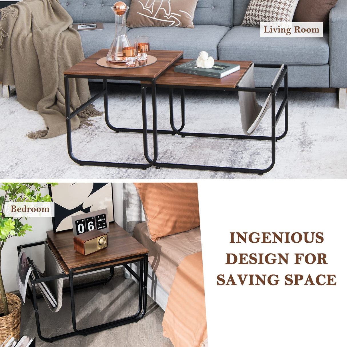 Giantex Nesting Coffee Table Set of 2, Stackable Side Table w/Side Pocket, Accent Nightstand, Industrial End Table w/Steel Frame for Living Room Bedroom Office, Easy Assembly, Rustic Brown Giantex