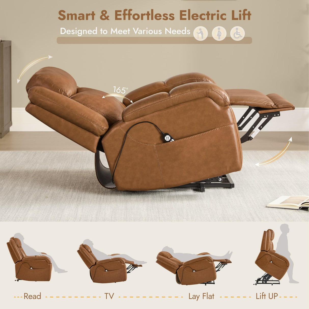 Watson & Whitely Genuine Leather Power Lift Recliner Chair for Elderly with Heat and Massage, Electric Lay Flat Lift Chairs with Power Headrest & Visual Remote Control, Dual Motor, Saddle Brown Watson & Whitely