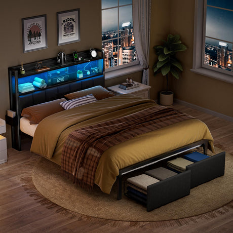 Furnulem Queen Bed Frame with Storage Drawers, Upholstered Headboard with Storage Shelf, LED Lights and Charging Station, Metal Platform Bed Frame Queen Size, Noise Free, No Box Spring Needed, Black Furnulem