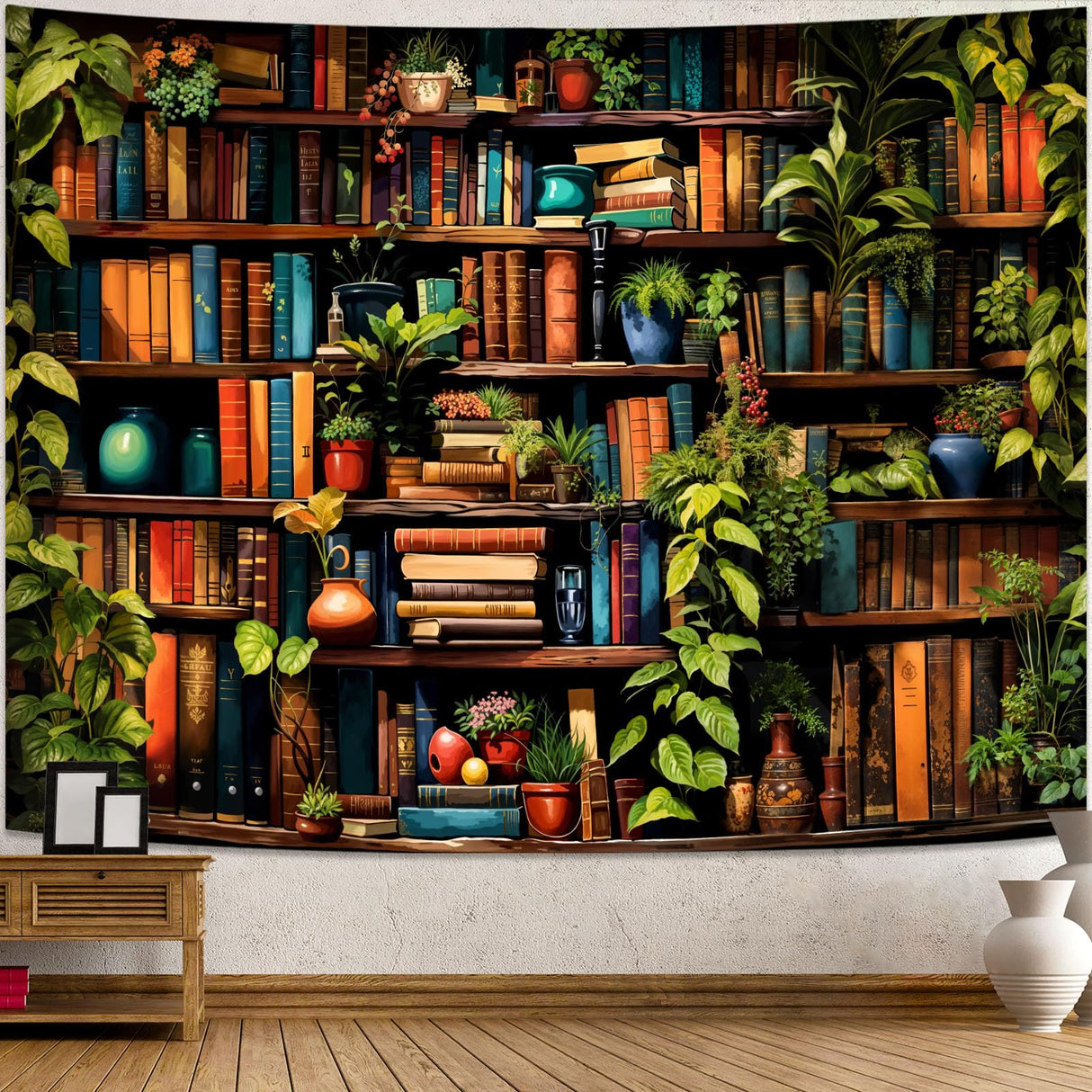 Accnicc Botanical Bookshelf Tapestry Lush Green Plant Book Shelf Tapestries Wall Hanging Art Vintage Retro Potted Plants Academics Library Book Tapestry for Bedroom Living Room Dorm 80 x 60 inch Accnicc