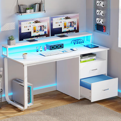 YITAHOME Computer Desk with Drawers, 55" Office Desk with Power Outlets & LED Light, Home Office Desk with Storage Shelves, White