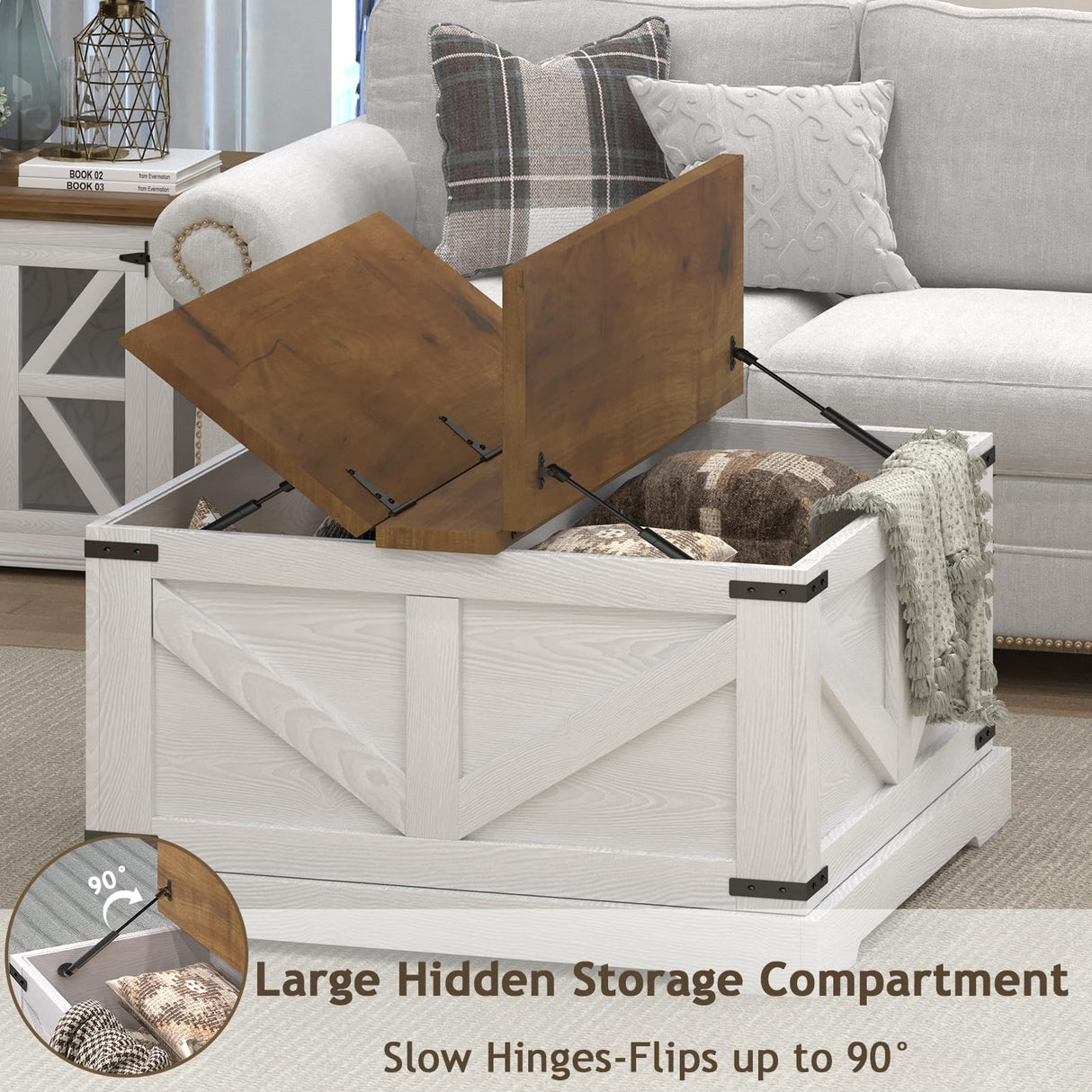 REVOMINCA Farmhouse Coffee Table with Hidden Storage Compartment, White Square Coffee Table for Living Room, Wood Center Table with Hinged Lifting Tabletop for Home REVOMINCA
