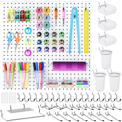 INCLY 70PCS Metal Peg Board Kit with 1/4" Pegboard Accessories, 4 Pack White Pegboard Panels, Bins, Cups and Peg Board Hooks, Paper Towel Holder, Pegboard Wall Organizer for Craft Room, Office, Sewing