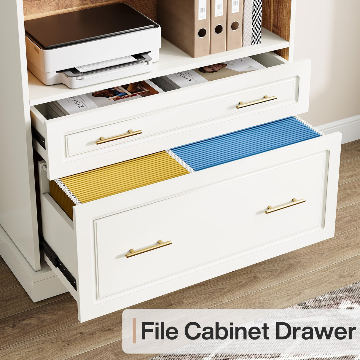 Tribesigns 5-Shelf Bookcase with File Cabinet Drawer, 72" Tall Bookshelf, Modern Free-Standing Wood Bookcase, Large Open Display Storage Book Shelf for Living Room (1, White) Tribesigns