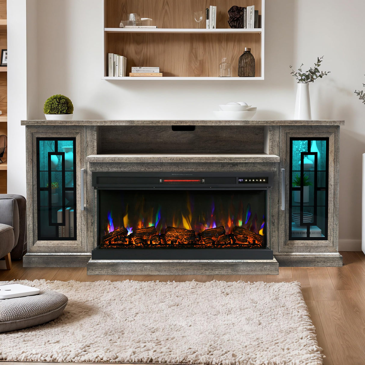 Unineo 75 Inch Electric Fireplace TV Stand, 3- Side Glass LED Modern Media Entertainment Center Console Table for TVs up to 80/85 Inch w/Adjustable Flame, 40’’ Fireplace, Highboy, Gray Wash Unineo