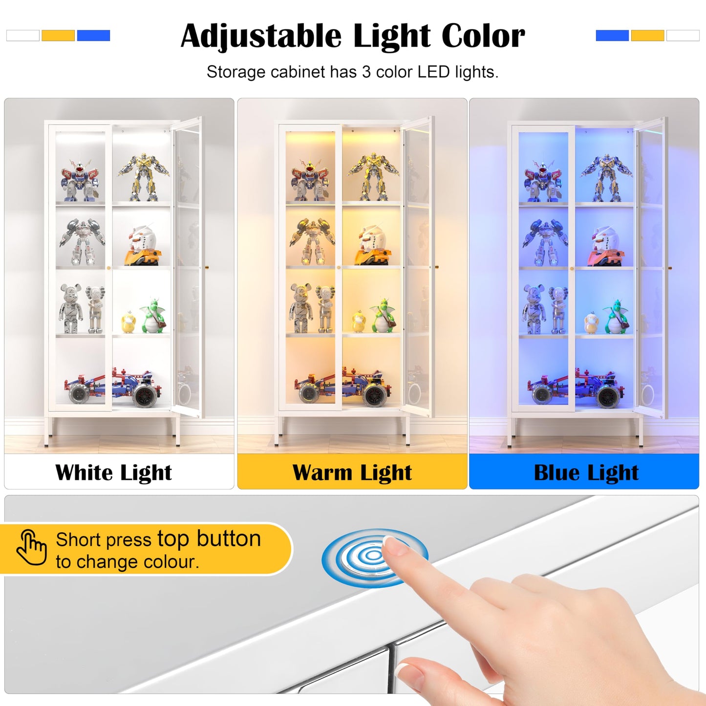 SteeLoong Glass Display Cabinet with 3 Lights,66”Metal White Display Cabinet with Glass Doors and 3 Adjustable Shelves,Curio Display Case for Livingroom