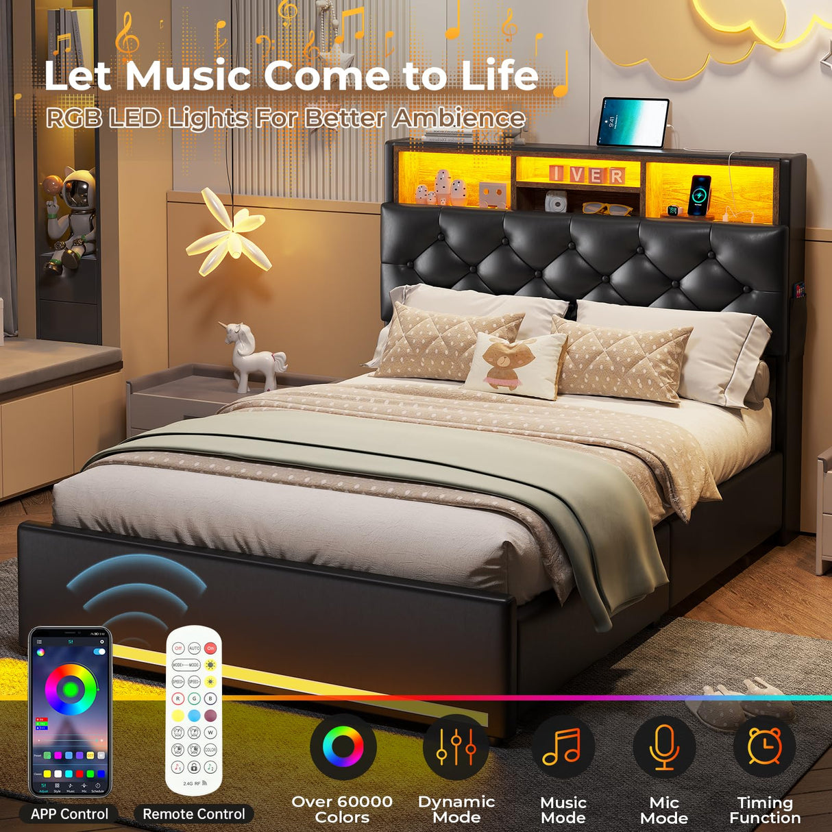 HAUOMS Twin Bed Frame with 3-Tier Headboard & Hidden Storage, Upholstered LED Bed Frame with 4 Drawers and Charging Station,Platform Metal Bed Frame with Storage, No Box Spring Needed, PU Black HAUOMS