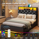 HAUOMS Twin Bed Frame with 3-Tier Headboard & Hidden Storage, Upholstered LED Bed Frame with 4 Drawers and Charging Station,Platform Metal Bed Frame with Storage, No Box Spring Needed, PU Black HAUOMS