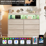 Dresser for Bedroom, 6 Drawer Dresser with LED Lights and Charging Station, Wide Chest of 6 Drawers with Open Space, Modern Large Capacity Storage Cabinet, Living Room, Hallway, Oak GarveeHome
