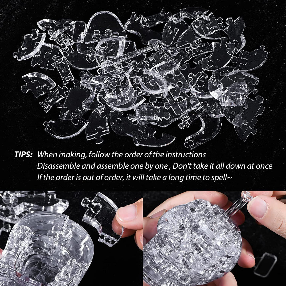 3D Skull Crystal Puzzle, 3D Puzzle Crystal Assembly Brain Teaser with Light-Up Wood Base, Plastic Crystal Puzzle, Fun Model Toy Gift Decoration for Adults & Kids Age 14 and Up, Clear, 49 Pieces SIRPERICE