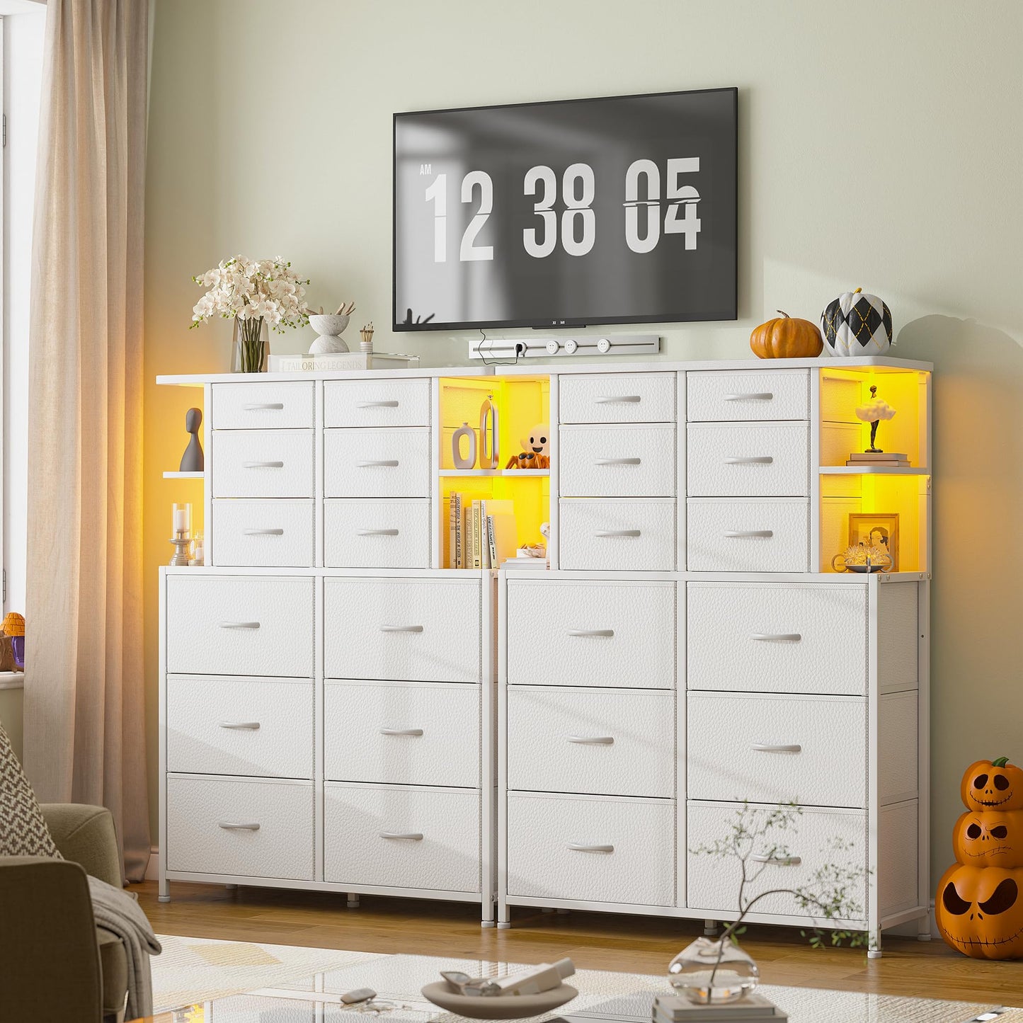 EnHomee Dresser for Bedroom with LED Lights, 12 Drawers Bedroom Dresser, Black Dresser and Tall Dresser with Open Shelves, Fabric Dressers & Chests of Drawers with Sturdy Metal Frame, White