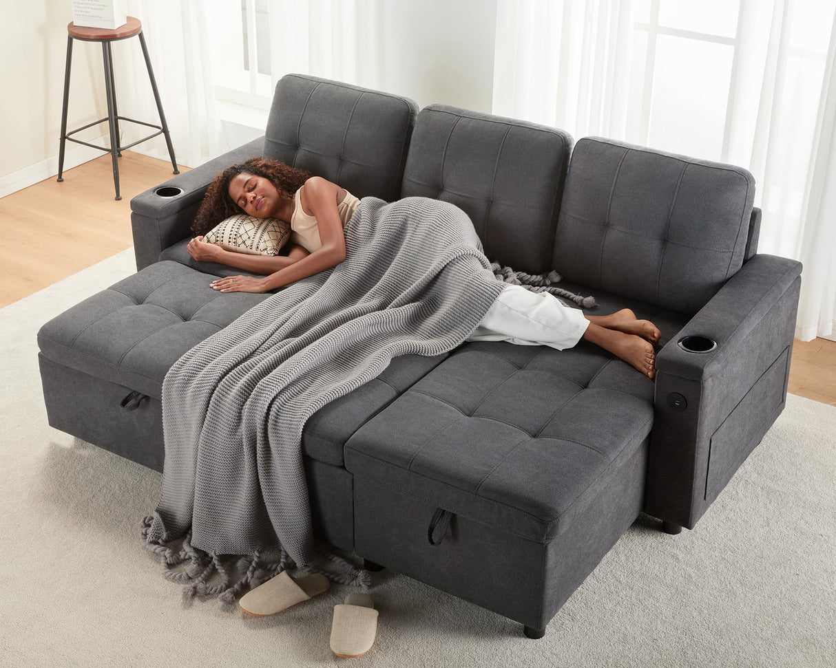 AMERLIFE 84 Inch Pull Out Couch Bed, Sofa Bed with Storage Chaise, L Shaped Sleeper Sofa with 2 USB Sockets & Cup Holders- Dark Grey AMERLIFE