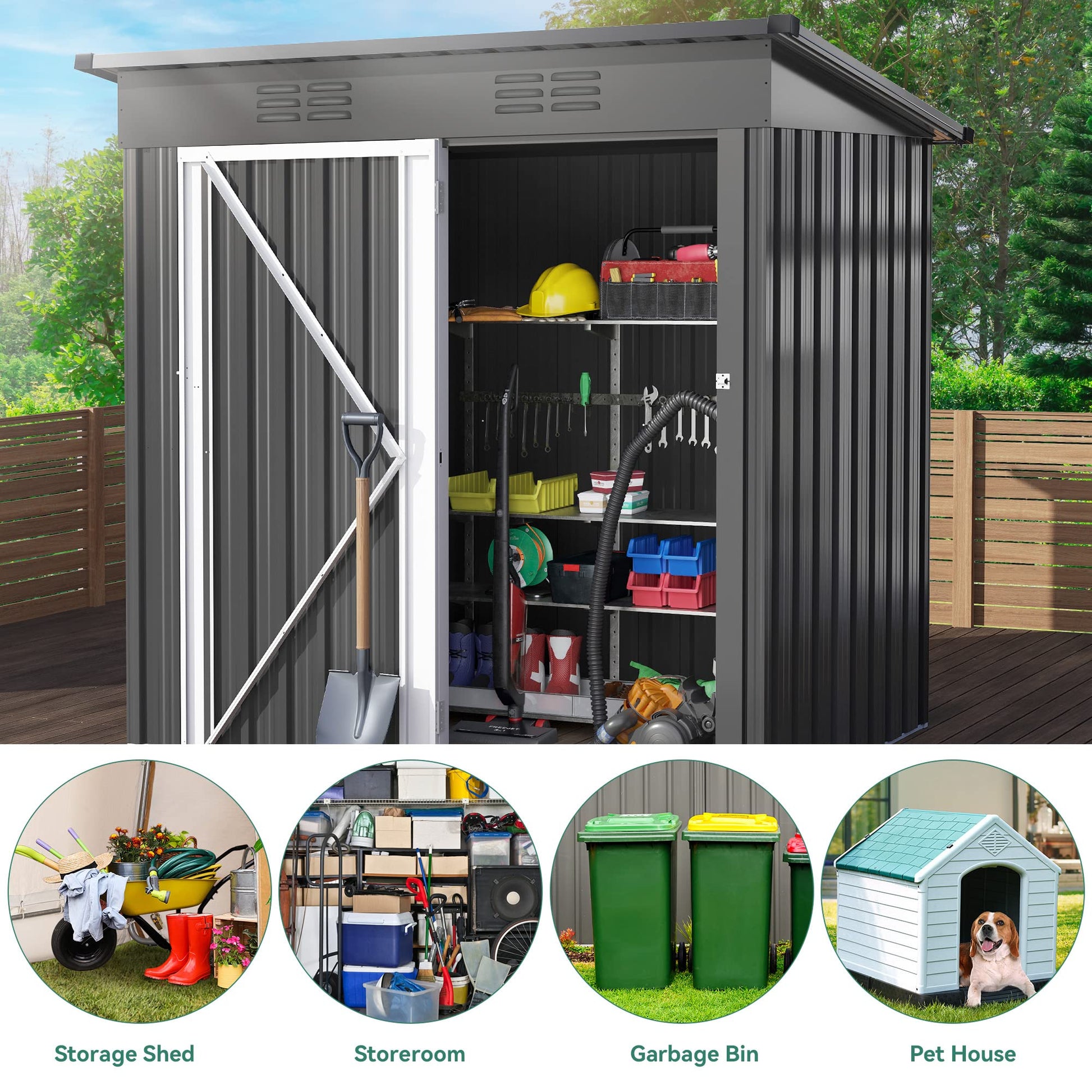 DWVO Outdoor Storage Shed 5 x 3FT, Heavy Duty Metal Tool Sheds Storage House with Lockable Door & Air Vent for Garden, Patio, Lawn to Store Bike, Garbage Can, Lawnmower, Dark Gray - WoodArtSupply