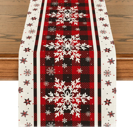 Artoid Mode Buffalo Plaid Snowflakes Christmas Table Runner, Seasonal Winter Kitchen Dining Table Decoration for Home Party Decor 13x72 Inch Artoid Mode