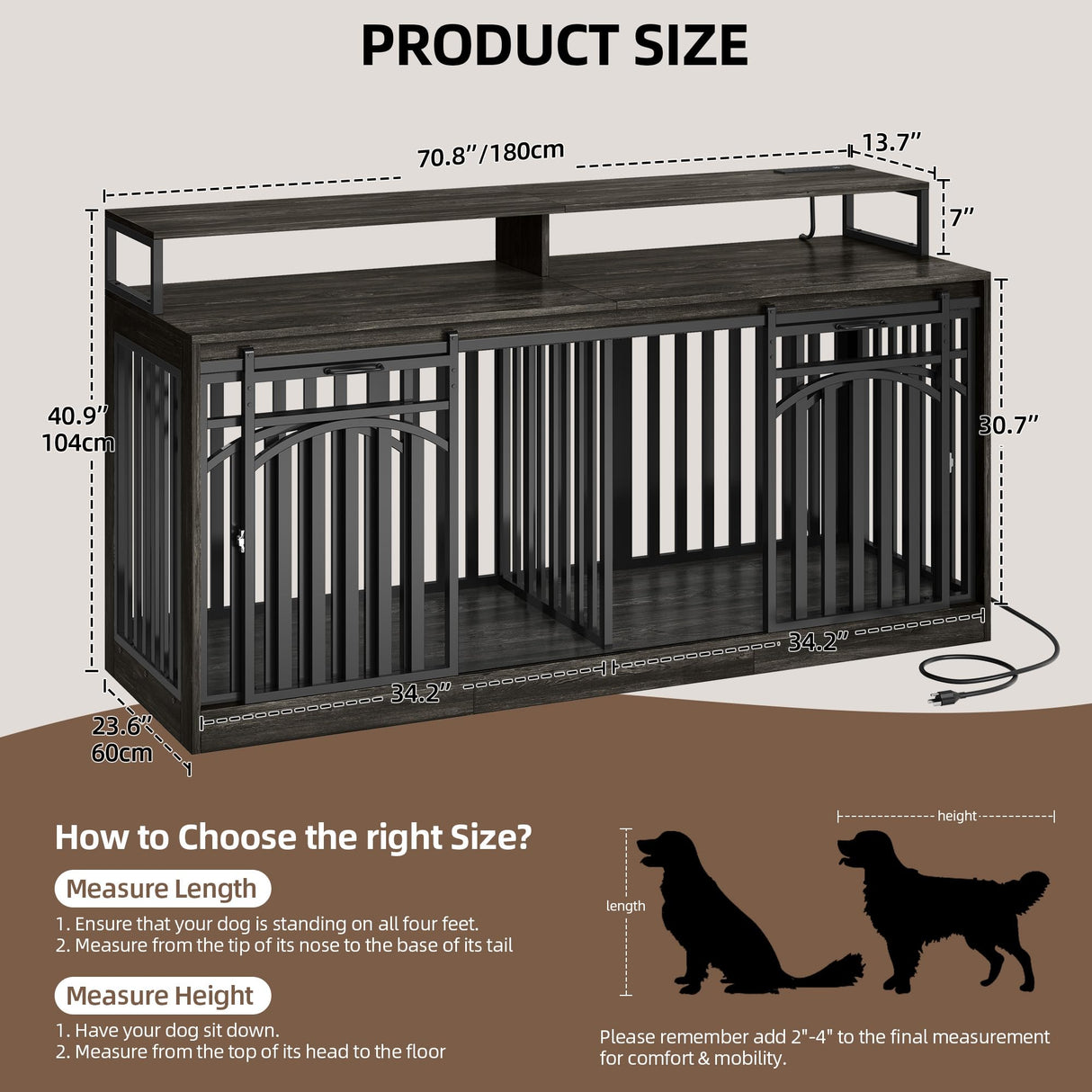 DWVO 71" Double Dog Crate Furniture with LED Light & Power Outlets, Heavy Duty Dual Dog Kennel TV Stand w Storage Shelves Sliding Doors, Wooden Two Dog Cage Table 2 Medium Large Dogs, Black Oak DWVO