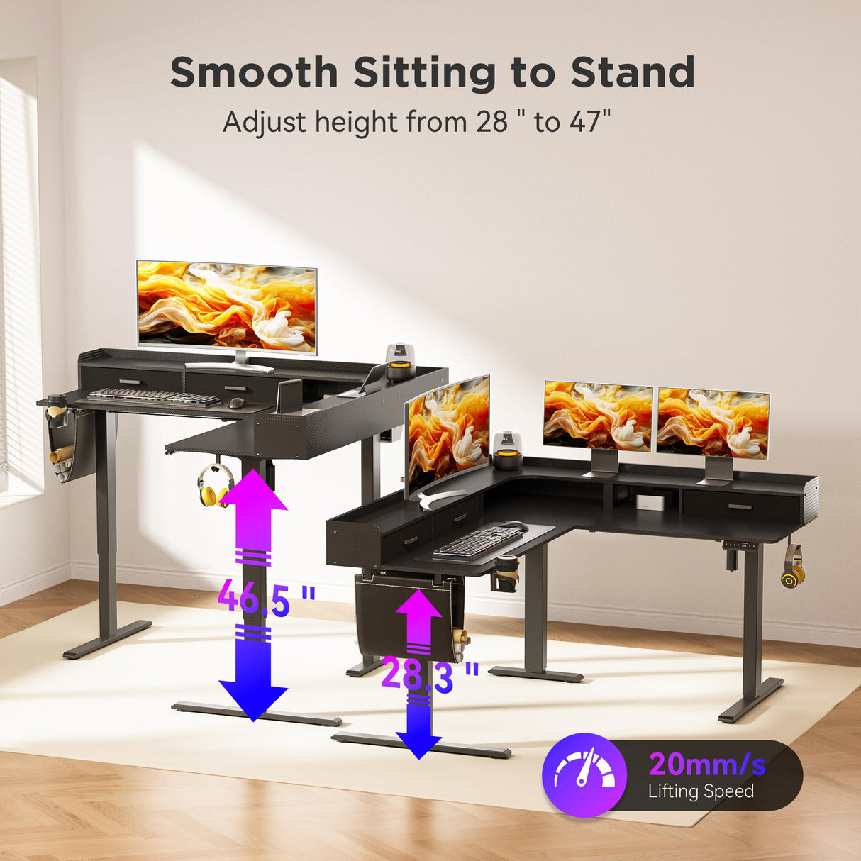 WALKINGDESK 63 Inches Height Adjustable L Shaped Standing Desk with 3 Drawers and Monitor Shelf, Electric Corner Comupter Desk, Sit Stand up Home Office Desk, Ergonomic Gaming Desk, Black WALKINGDESK