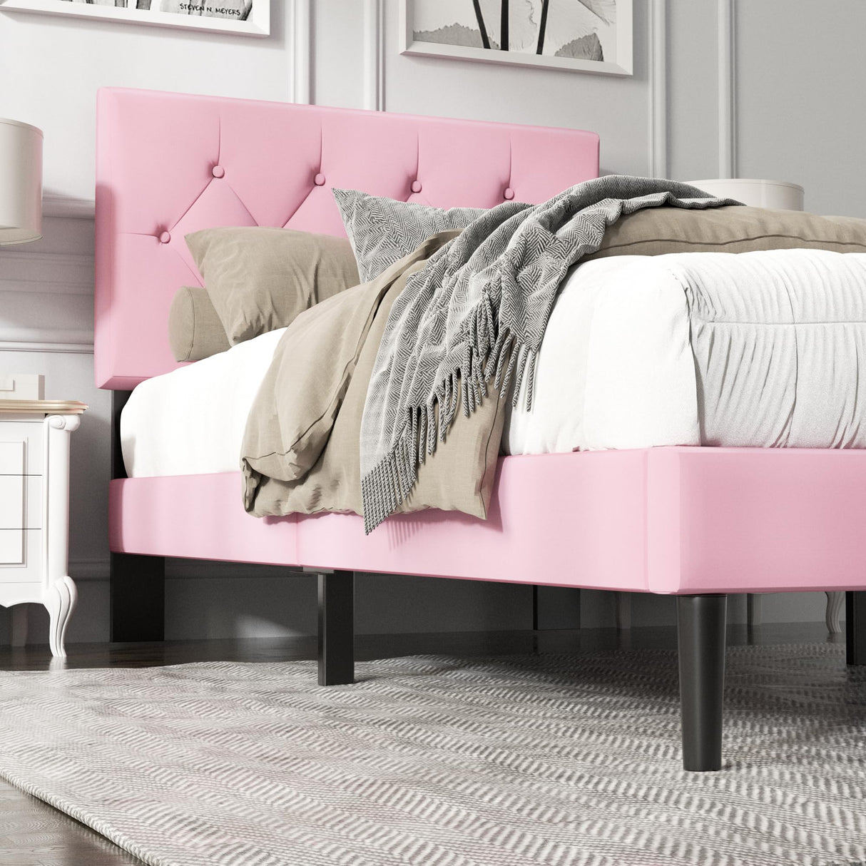 HAOARA Twin Size Platform Bed Frame with Upholstered Button Tufted Headboard, Mattress Foundation with Wooden Slat Support, Noise Free, No Box Spring Needed, Easy Assembly, Pink Velvet HAOARA