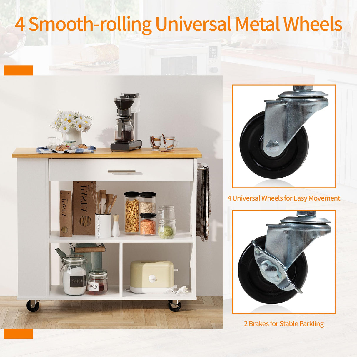 Shintenchi Kitchen Island on Wheels with Storage, Wheeled Island & Cart with 3-Tier Spice Rack, 3 Open Shelves and 1 Drawer, White Shintenchi