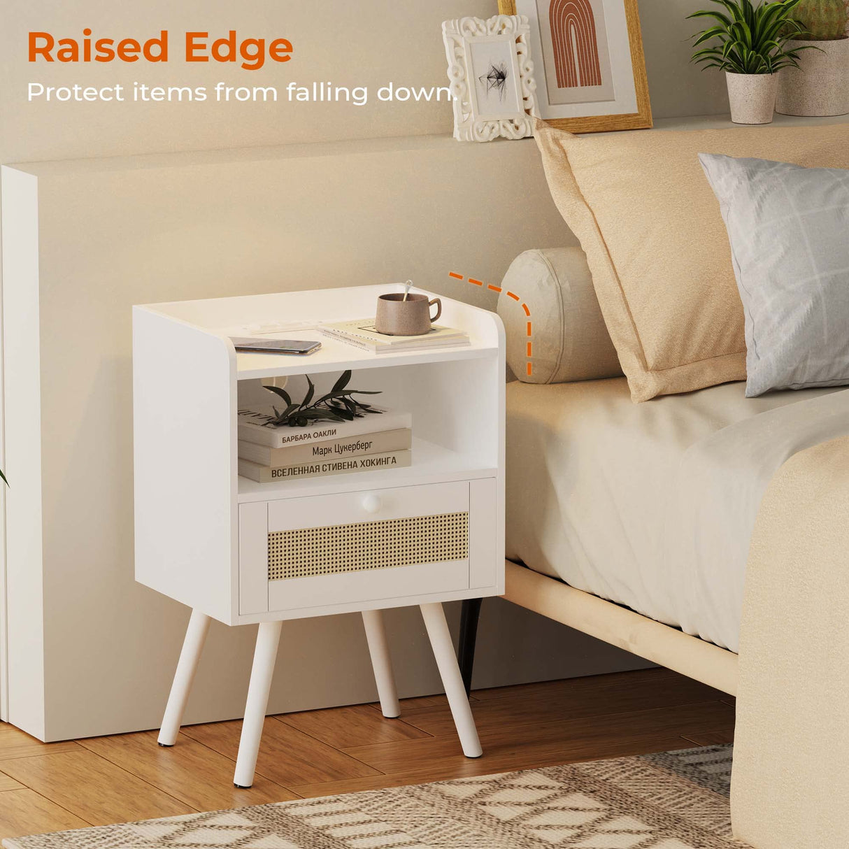 SUPERJARE Nightstands with Charging Station, Bedside Table Set of 2 with PE Rattan Drawers, Rattan Side Table with Storage & Solid Wood Feet, End Table for Bedroom, White SUPERJARE