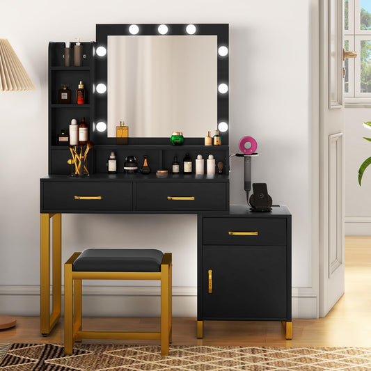 YITAHOME Vanity Desk with Mirror and Lights, Makeup Vanity Table with Charging Station, Drawers, Vanity Table with Chair, 3 Lighting Colors, Brightness Adjustable, Bedroom, Black - WoodArtSupply