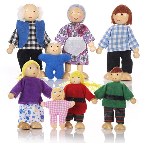 Jzszera Wooden Doll House Family of 8 Little Figures, Cute Dollhouse People for Girls Toddlers Jzszera