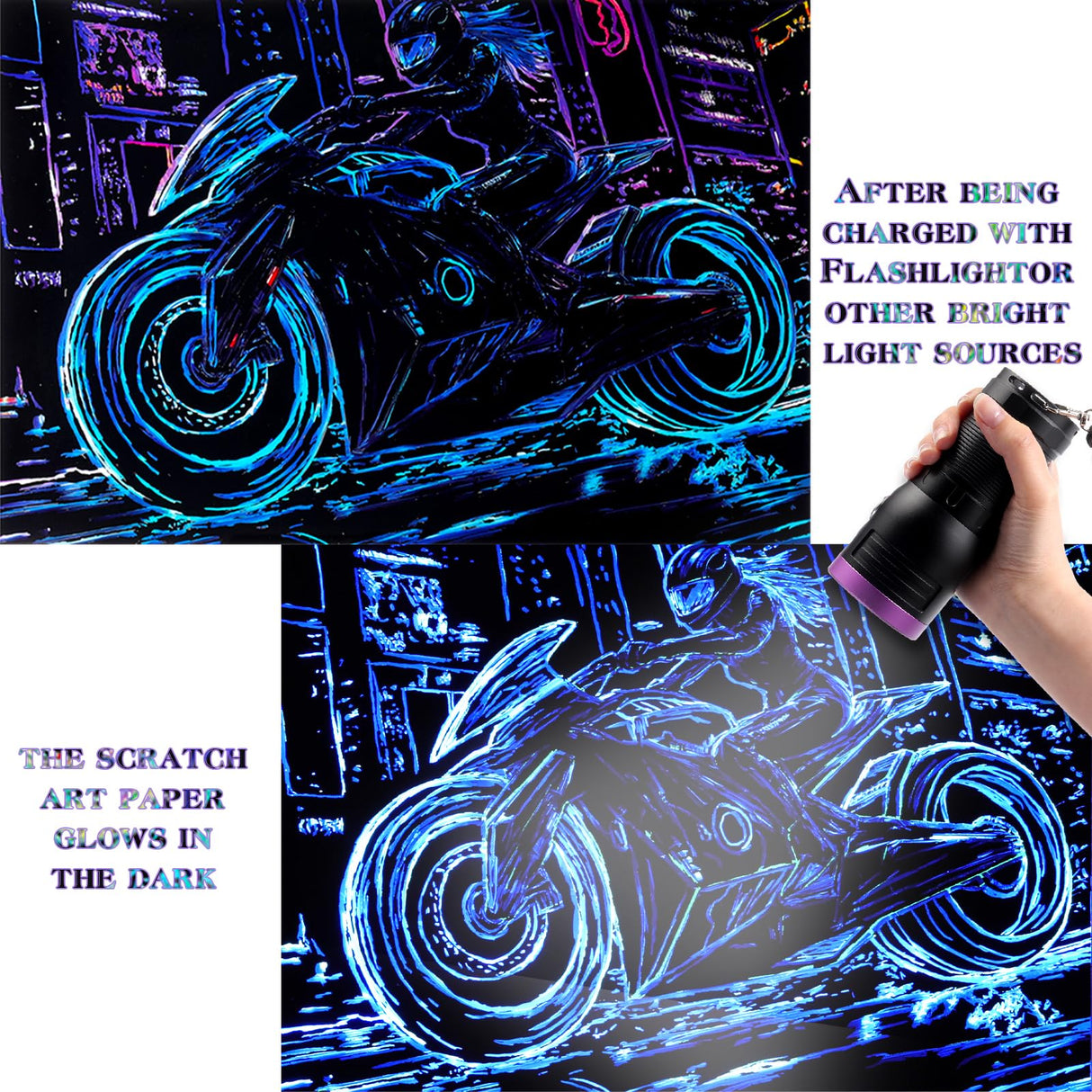Gersoniel 4pcs Scratch Art Adult Scratch Painting Kits Glow in The Dark Rainbow Painting Paper with Pen & Cleaning Brush Noctilucent Scratchboard for Adults Gift, Racing Theme, Back to School Gifts Gersoniel