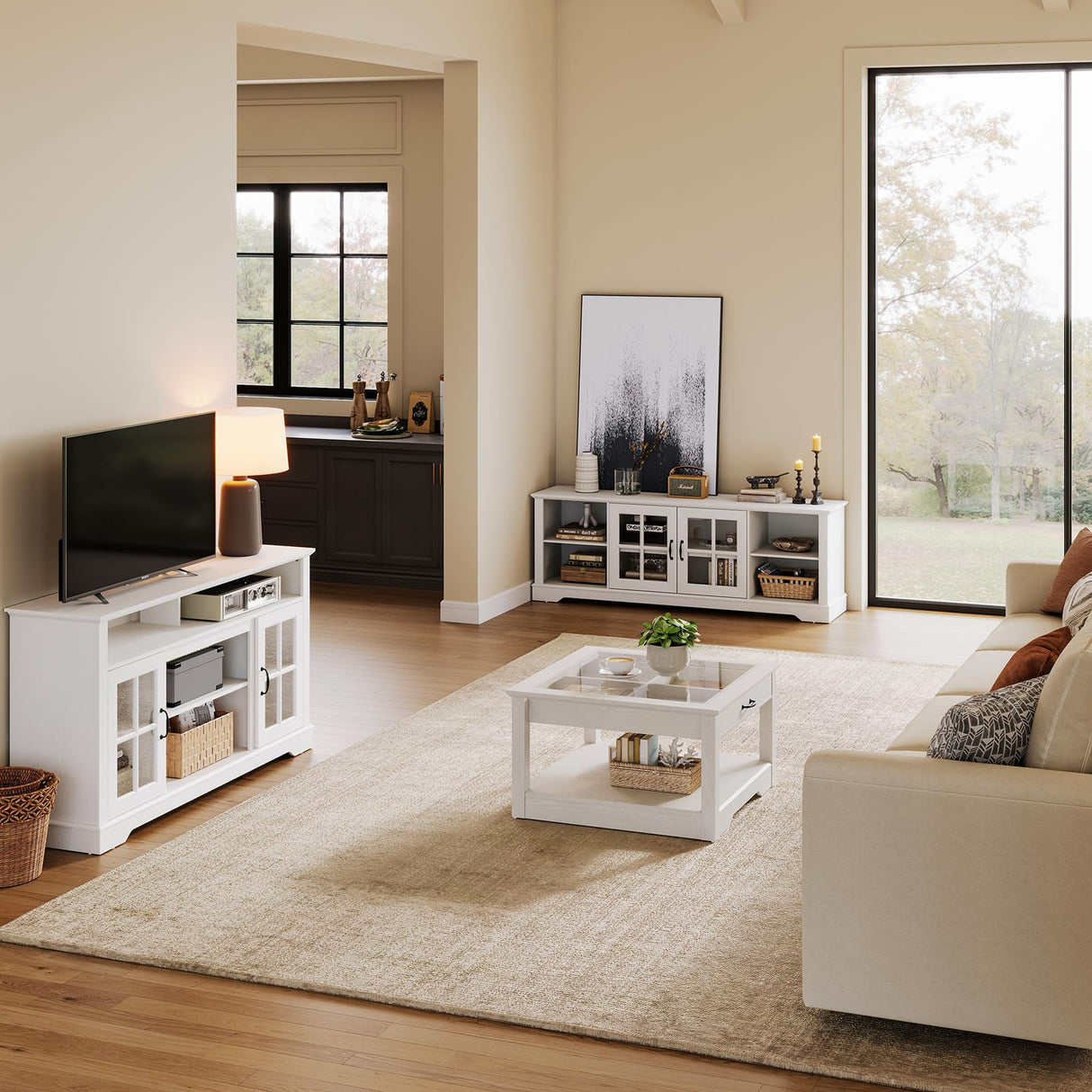 LINSY HOME Coffee Table, 31.5" Square Coffee Table with Glass Tabletop, Open Display Area and Storage Drawer, Modern Farmhouse Center Table for Living Room, White LINSY HOME